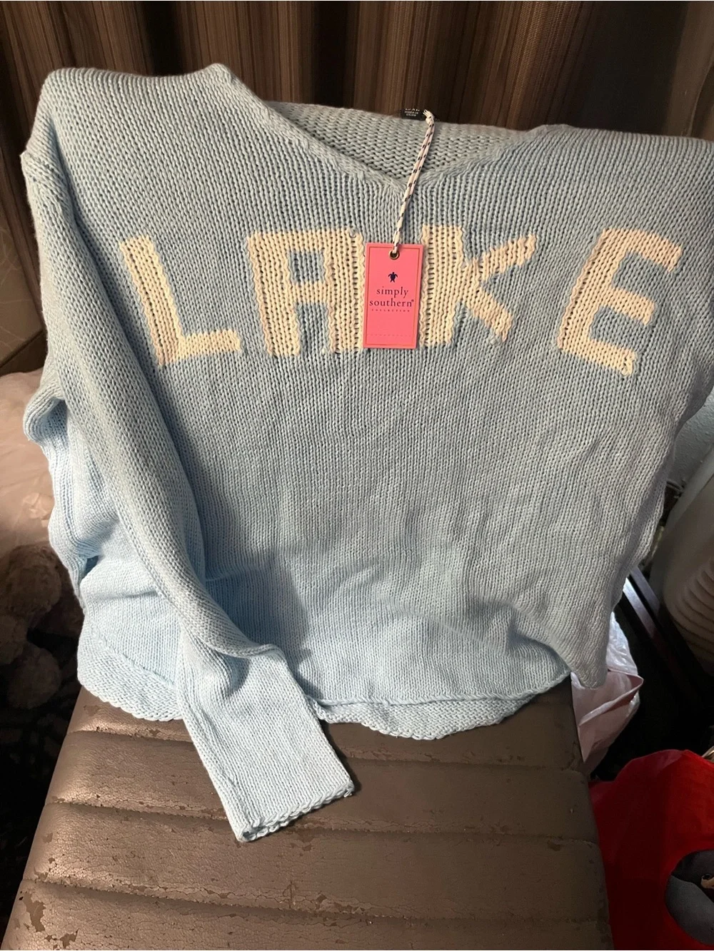 Simply Southern Light Blue Crewneck Sweater with Cream 'LAKE' Lettering